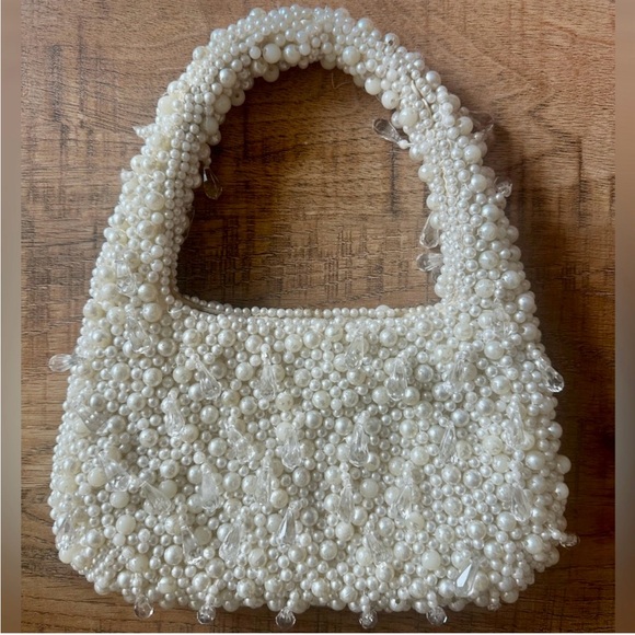 Zara pearl beaded embellished off white cream handbag purse with chain crossbody - Picture 5 of 7